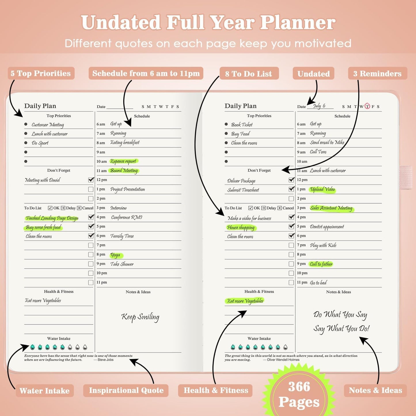 Undated Daily Planner 2024-2025, ADHD & Work Planner for Women & Men, Hourly Goal Setting, Hardcover, Start Anytime, A5, Pink