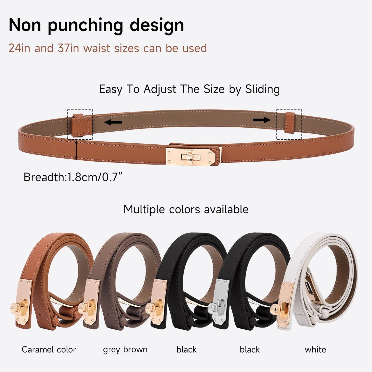 Asaloy Women's Thin Leather Belts with Turn Lock Buckle,Belt Women Adjustable for Pants Dresses Jeans Coats (Caramel Gold Buckle+Black Gold Buckle（2 piece）, Waist Size Below 37 Inches)