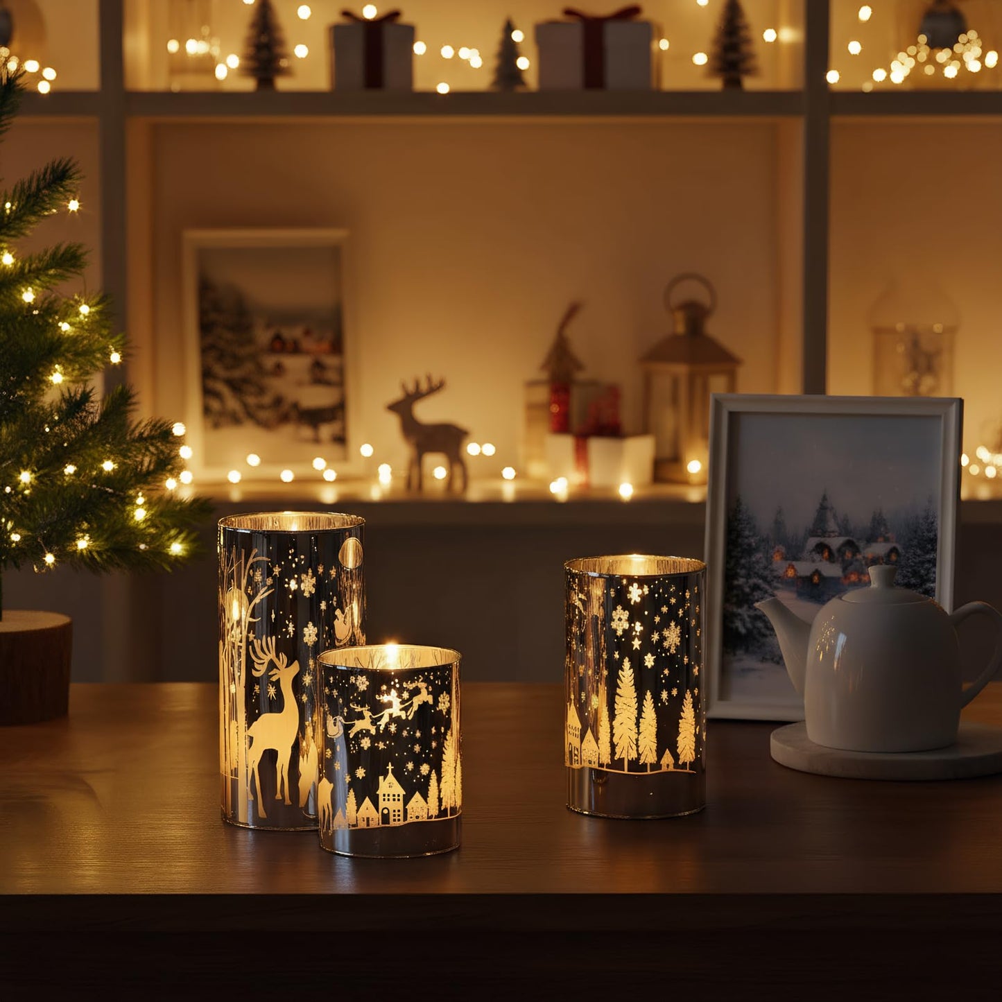 Lasumora Silver Christmas Reindeer Flameless Candles with Remote Timer, Set of 3 LED Candles in Plated Glass Holder, Battery Operated Candles Real Wax for Home Décor Christmas Gifts, D3”x H4” 5” 6”