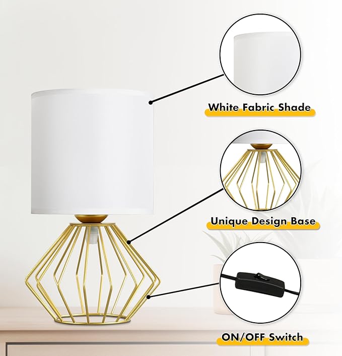 Hamilyeah Table Lamps Set of 2, Modern Bedside Lamps with White Fabric Shade, Industrial Night Stand Lamps with On/Off Switch, Gold Simple Lamp for Bedroom, Living Room