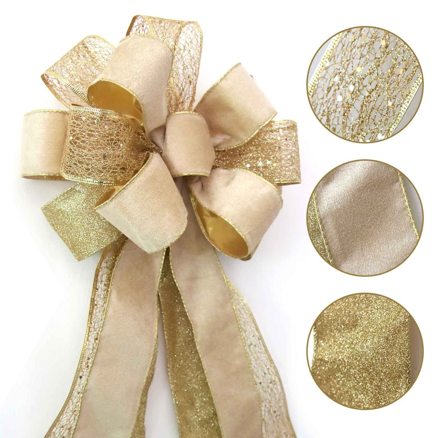 Christmas Tree Topper Bow, 43x13 Inches Large Toppers Bows for Christmas Tree, Glitter Satin Mesh Streamer and Wired Edge, Xmas Ornament Treetop Hanging Decorations & Gift