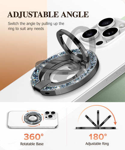 GVIEWIN Magnetic Phone Ring Holder, Compatible with MagSafe Phone Grip with Adjustable Stand, Magnet Phone Ring Kickstand for iPhone 17/16/15/14/13/12 Pro Max Plus Air/Other Phones (Glitter/Silver)
