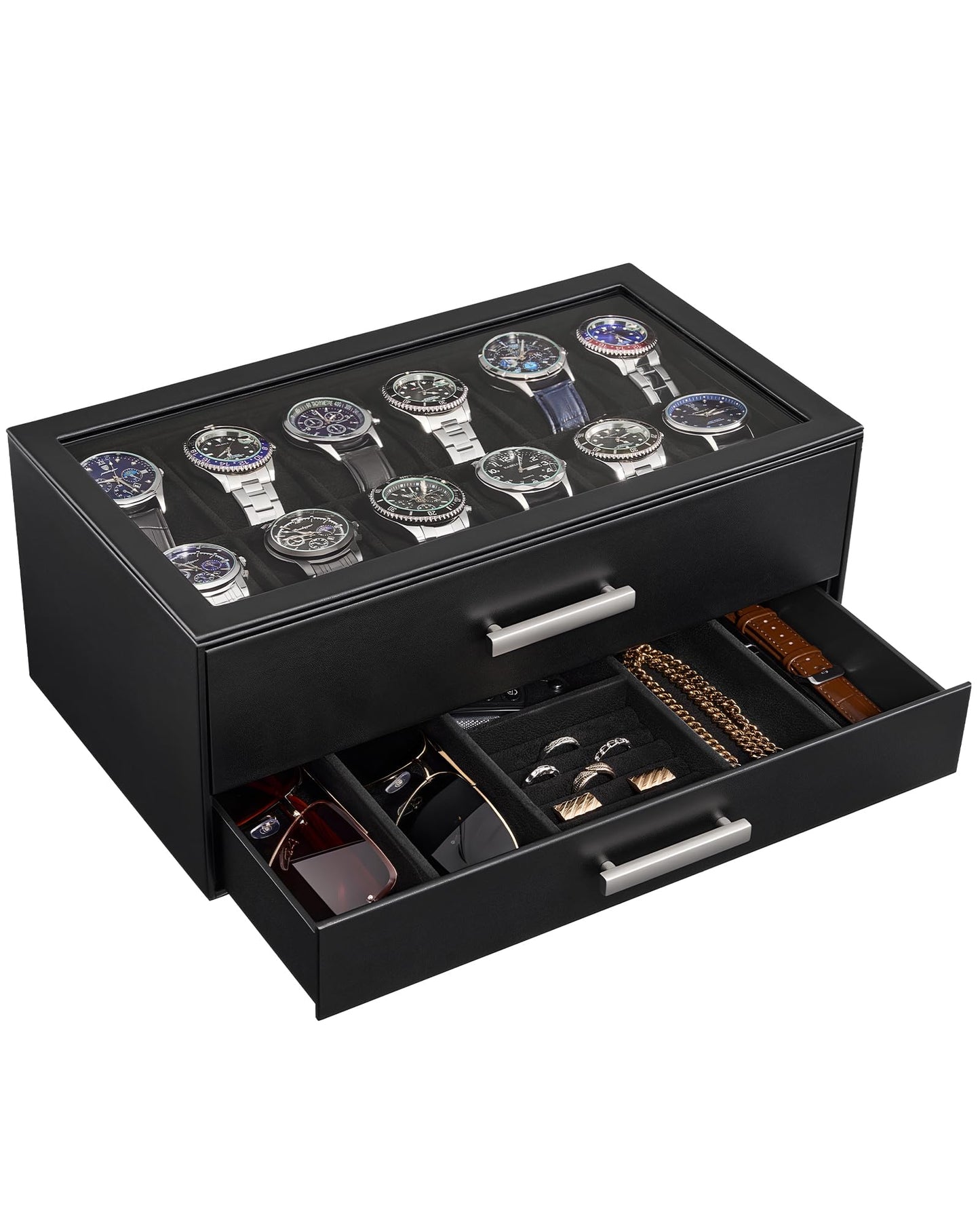 ProCase Black 12 Slot Watch Box and Black 3-Slot Watch Travel Case Bundle, 2-Tier Pull-Out Drawer Organizer, Clear Top Display Lid, Jewelry and Sunglasses Storage, Portable PU Leather Watch Holder