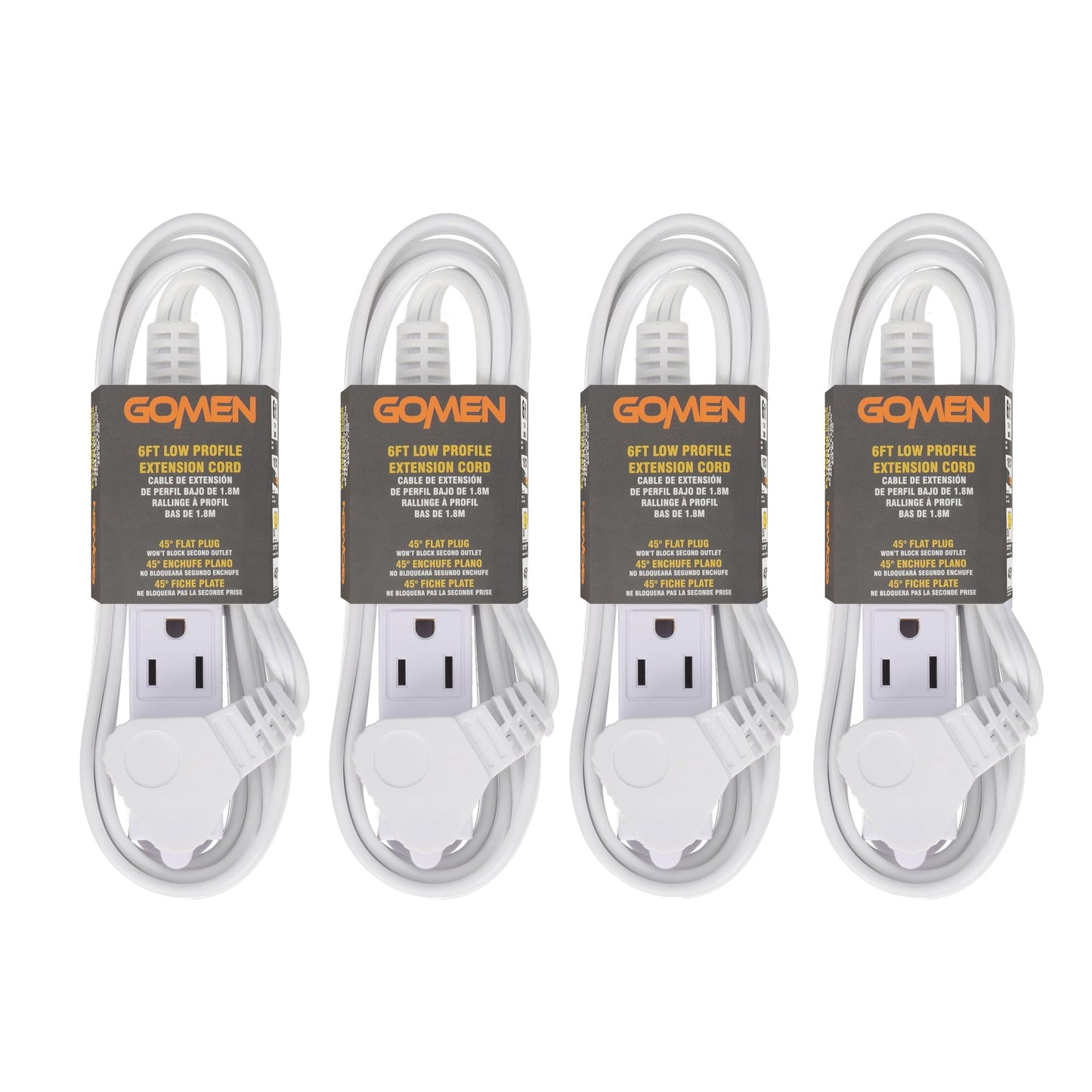 GOMEN 6 Feet Indoor Extension Cord with 3 Outlets, AWG 16/3 Angled Flat Plug Power Strip, 3 Prong Grounded, 13 Amps - 1625 Watts - 125 VAC, White, 4 Pack