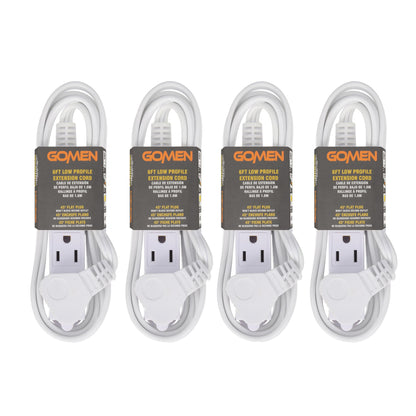 GOMEN 6 Feet Indoor Extension Cord with 3 Outlets, AWG 16/3 Angled Flat Plug Power Strip, 3 Prong Grounded, 13 Amps - 1625 Watts - 125 VAC, White, 4 Pack