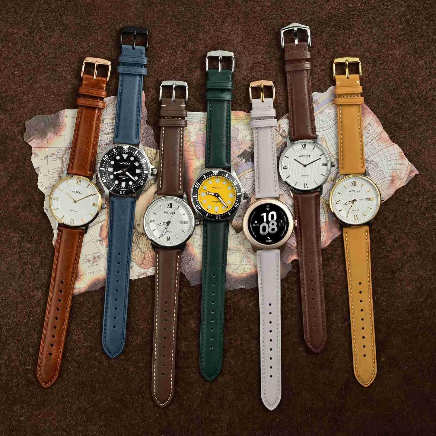 WOCCI 20mm Vintage Leather Watch Band for Men and Women, Silver Buckle (Dark Brown/Contrasting Stitch)