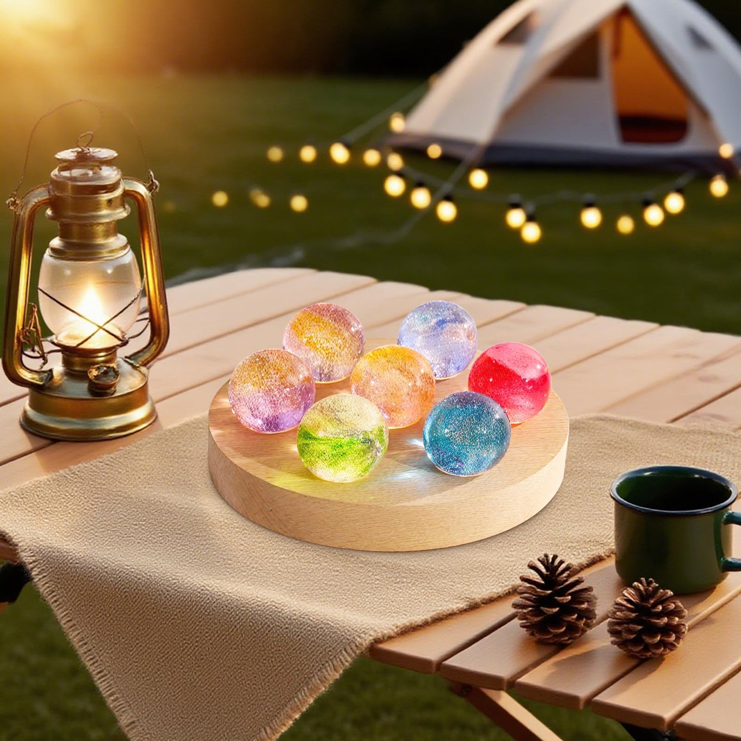 Huniruyo 7 Chakra Natural Healing Spheres with LED Wooden Stand 40mm Crystal Quartz Stones for Meditation Attracts Lucky Night Light Decoration Balls Set for Home Office (Cup Dolly)