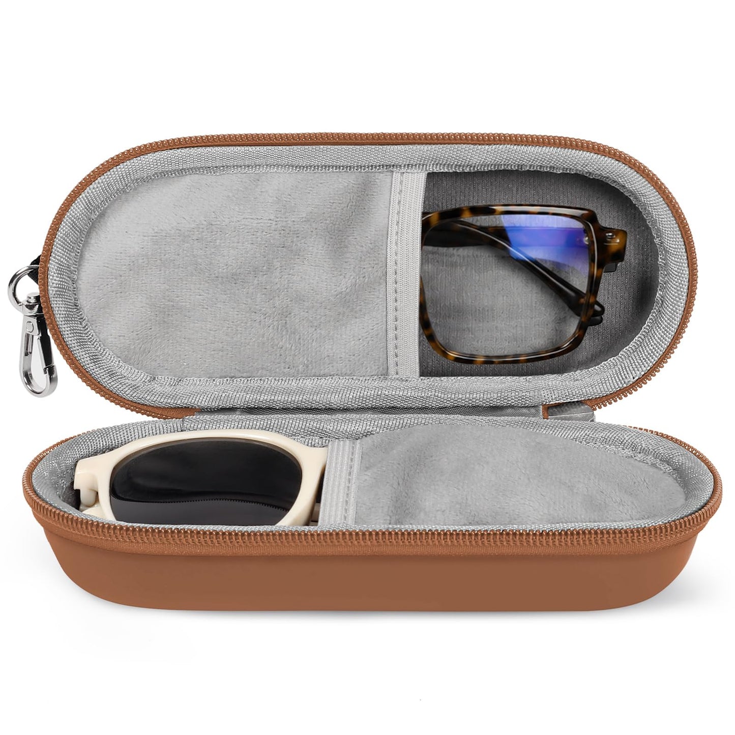 Huvon Double Eyeglasses Case, Dual Glasses Sunglasses Organizer with Zipper Closure, Eyewear Storage Box for Men Women Travel (Brown)