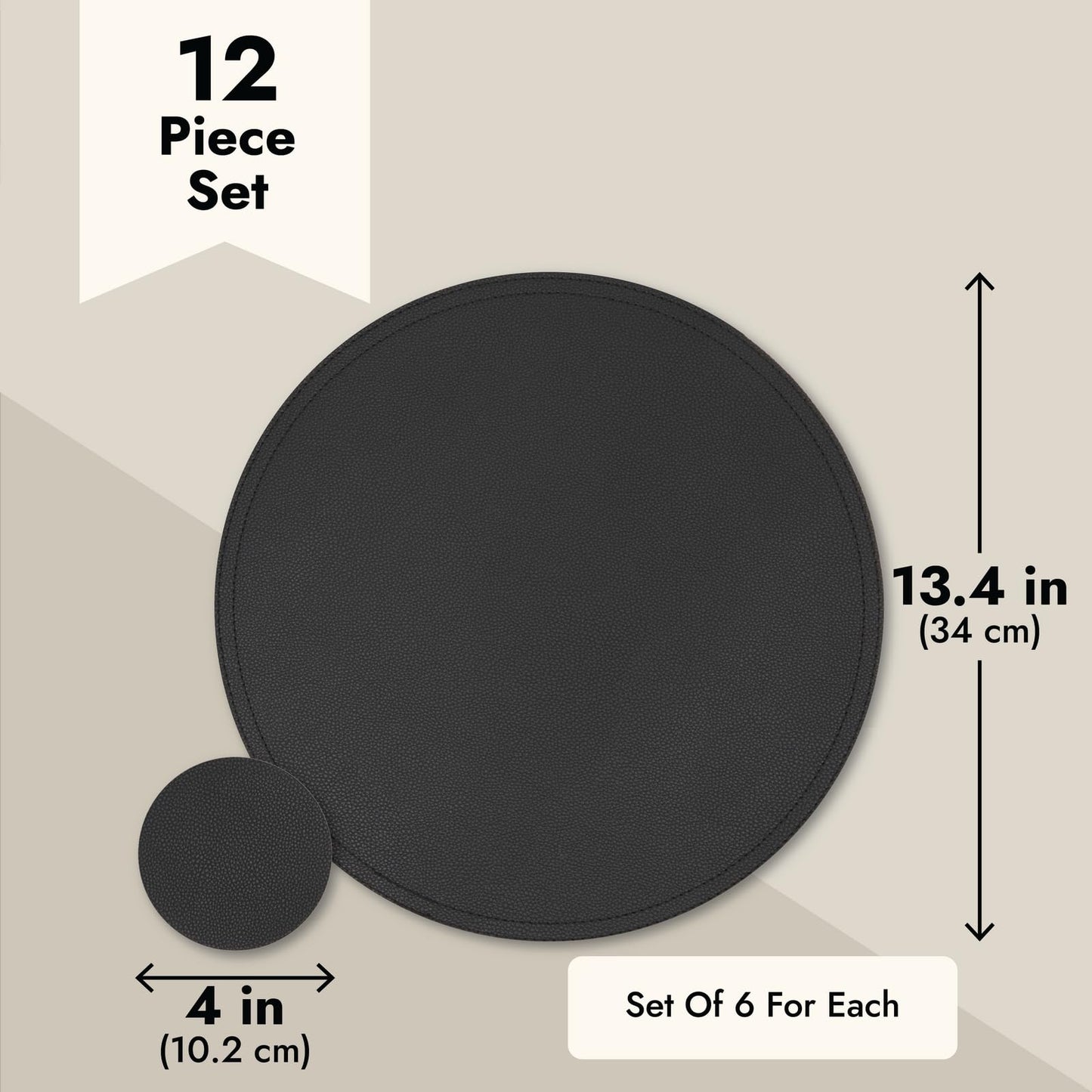 Juvale Round Vegan Leather Table Placemats & Coasters - Waterproof & Heat-Resistant Dining Table Decor - Easy Wipe-Clean Kitchen Decor - Durable Everyday Placemats - Black, 13.4", Set of 6