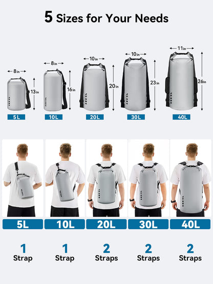 HEETA Waterproof Dry Bag for Women Men, Roll Top Lightweight Dry Storage Bag Backpack with Emergency Whistle for Travel, Kayaking, Boating, Camping, Beach, Cruise Ship Essentials (Light Grey, 5L)
