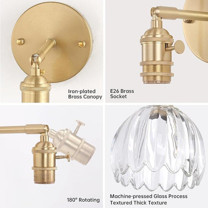 Vintage Battery Operated Wall Sconce with Clear Tulip Glass Lampshade 5000 mAh Rechargeable Battery Powered Wall Light with Remote Control for Bedside Bedroom Doorway, Set of 2