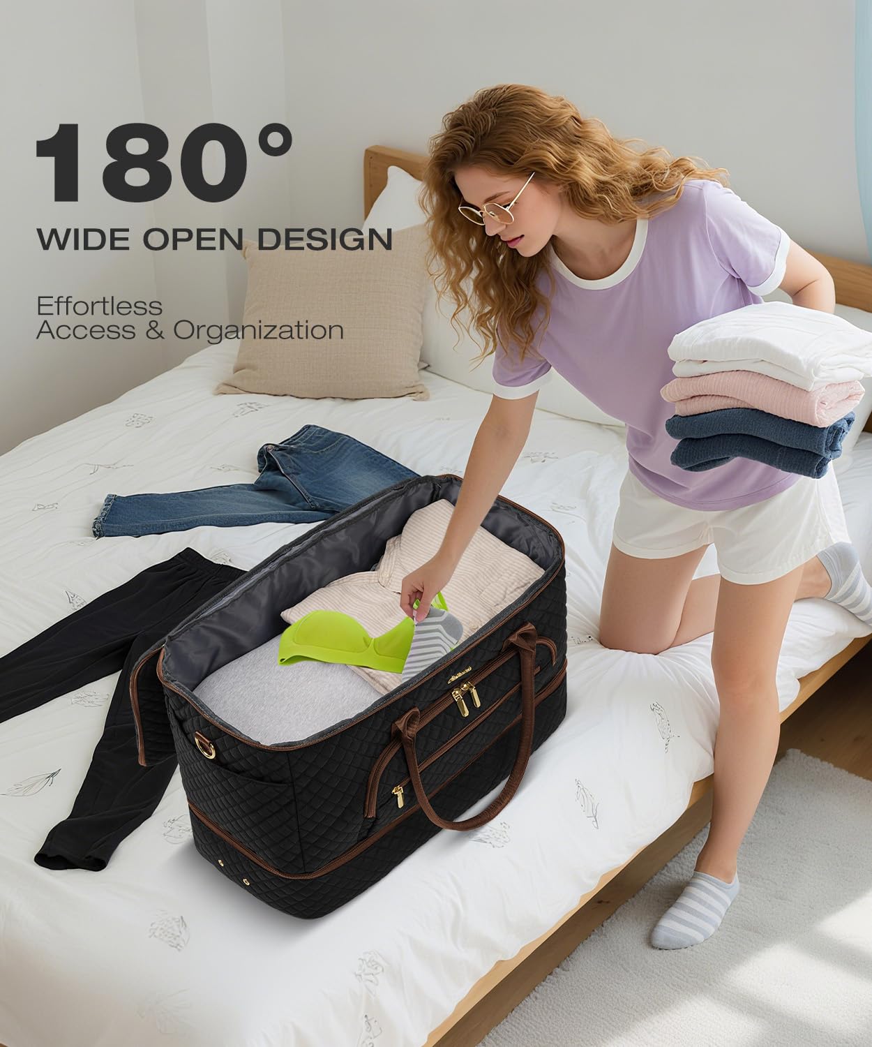 CLOKARS Travel Duffle Bag, Wide Open Large Weekender Bag for Women with Shoe Compartment, Carry on Overnight Bags with Toiletry Bag, Hospital Bag for Women Labor Delivery with Wet Pocket (Black Brown)