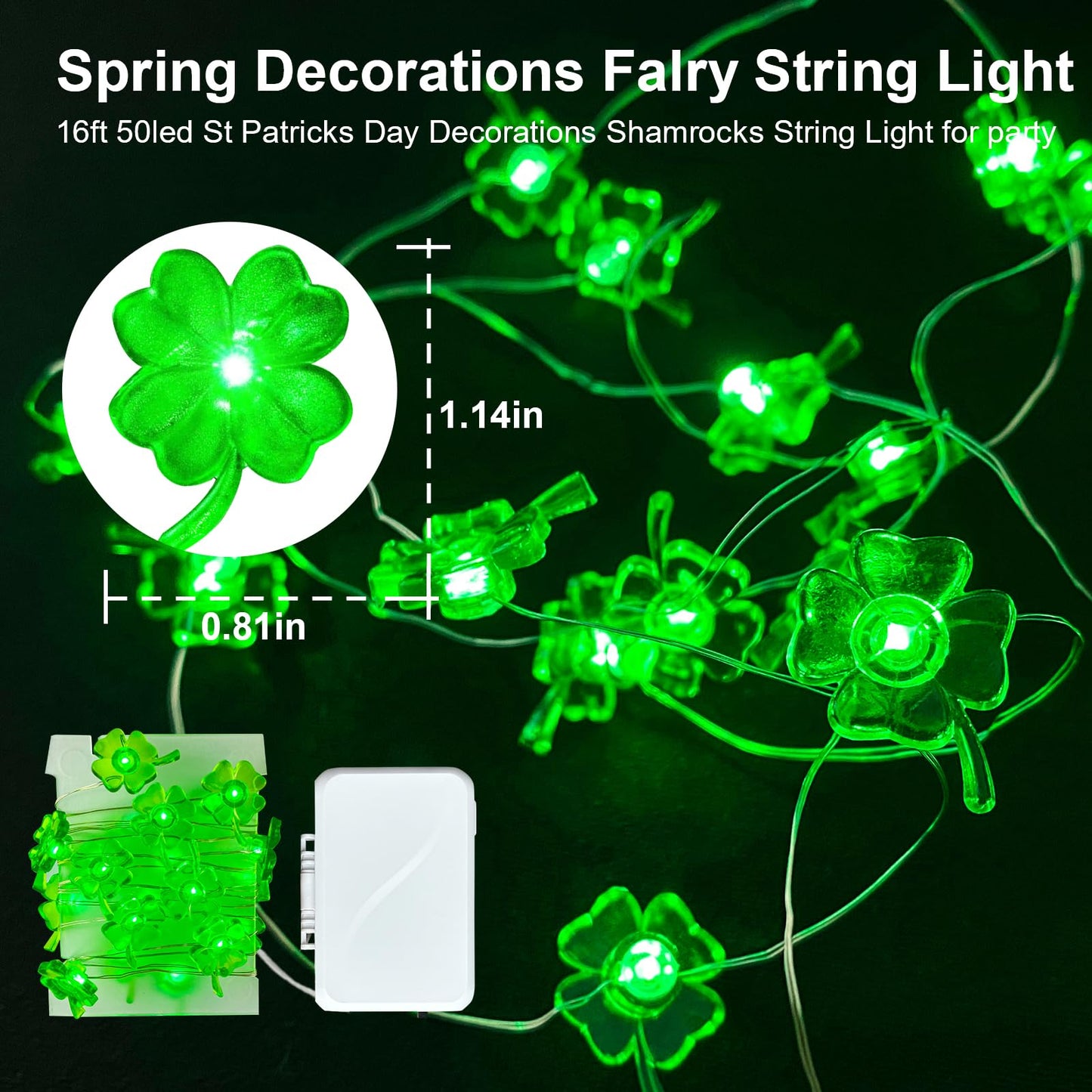 Aogist Super Bright 50LED Shamrock String Lights - 16ft St Patrick's Day 3D Clover Fairy Lights Battery Operated for Indoor/Outdoor Irish Party, Wedding, Holiday Green Decor - 2 Pack