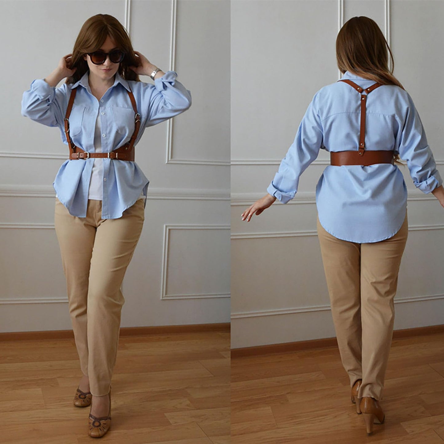 Kutocesy Women PU Leather Harness Belt with Suspenders Adjustable Punk Waist Belt for Shirts Gothic Streetwear Accessory (Brown)