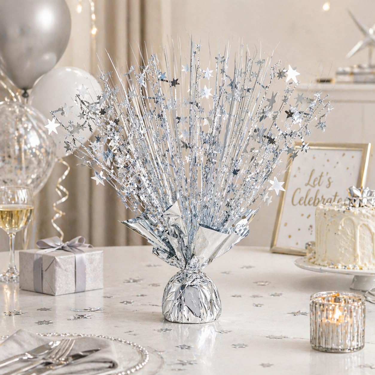 4 Pack Metallic Foil Spray Centerpiece Stars for Wedding, Birthday, Anniversary, Christmas Table Decor, Holiday Festival Baby Shower Graduation Mantle Party Decorations (Silver)