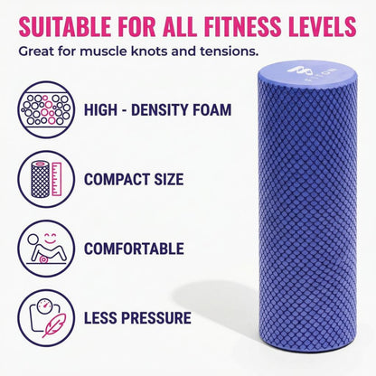 FitOn Foam Roller for Muscle Recovery - Compact and Portable, High-Density Foam Roller for Back Massage & Deep Tissue Relief and Home Exercise, Ideal for Use on Neck & Leg Soreness, 12"x4", Purple