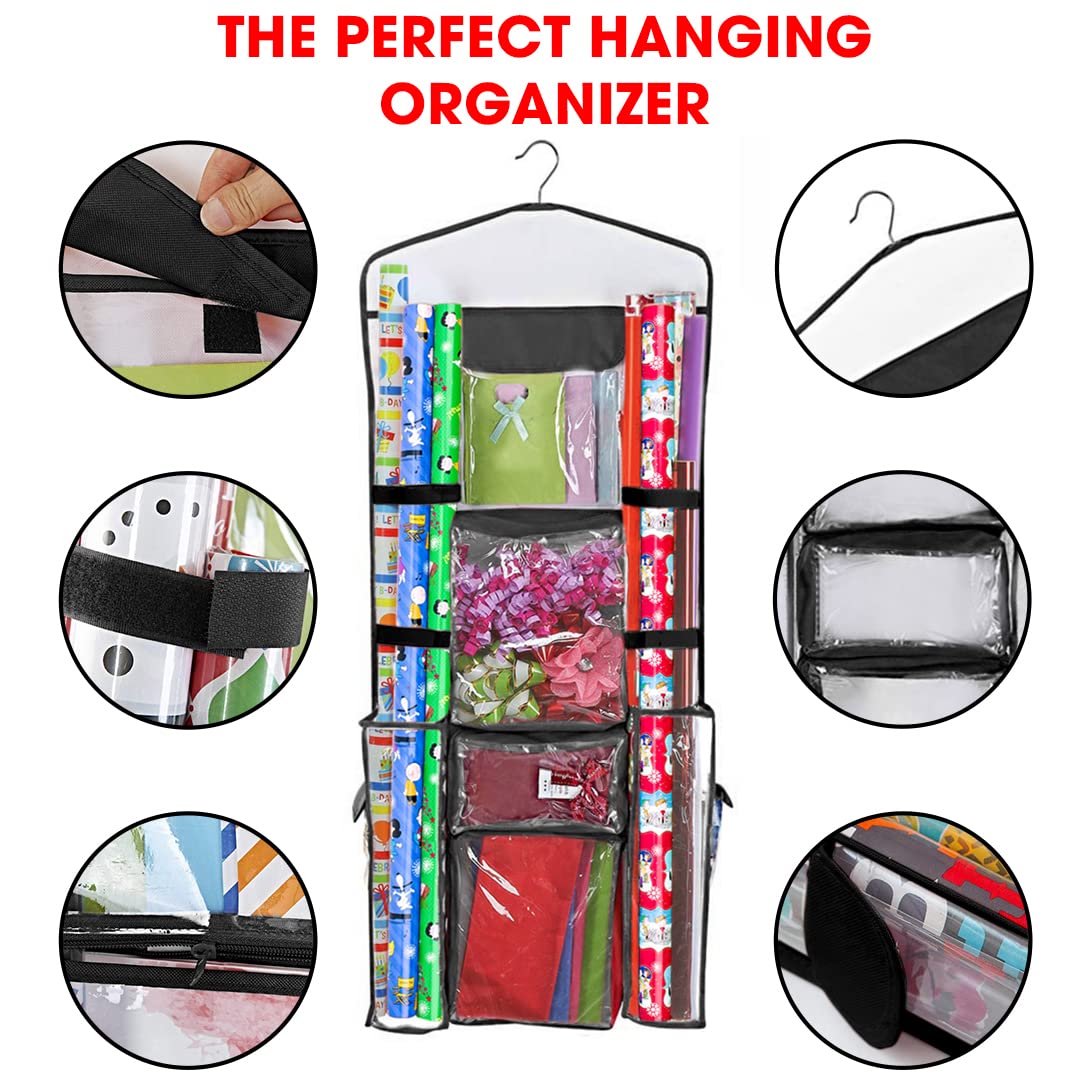 Primode Wrapping Paper Storage Hanging Over the Door Wrapping Paper Organizer Store Gift Wrap Gift Bags Ribbon Bows and Accessories 40”x17” Fits Long 40 Inch Rolls Double Sided Bag (Black Seam)