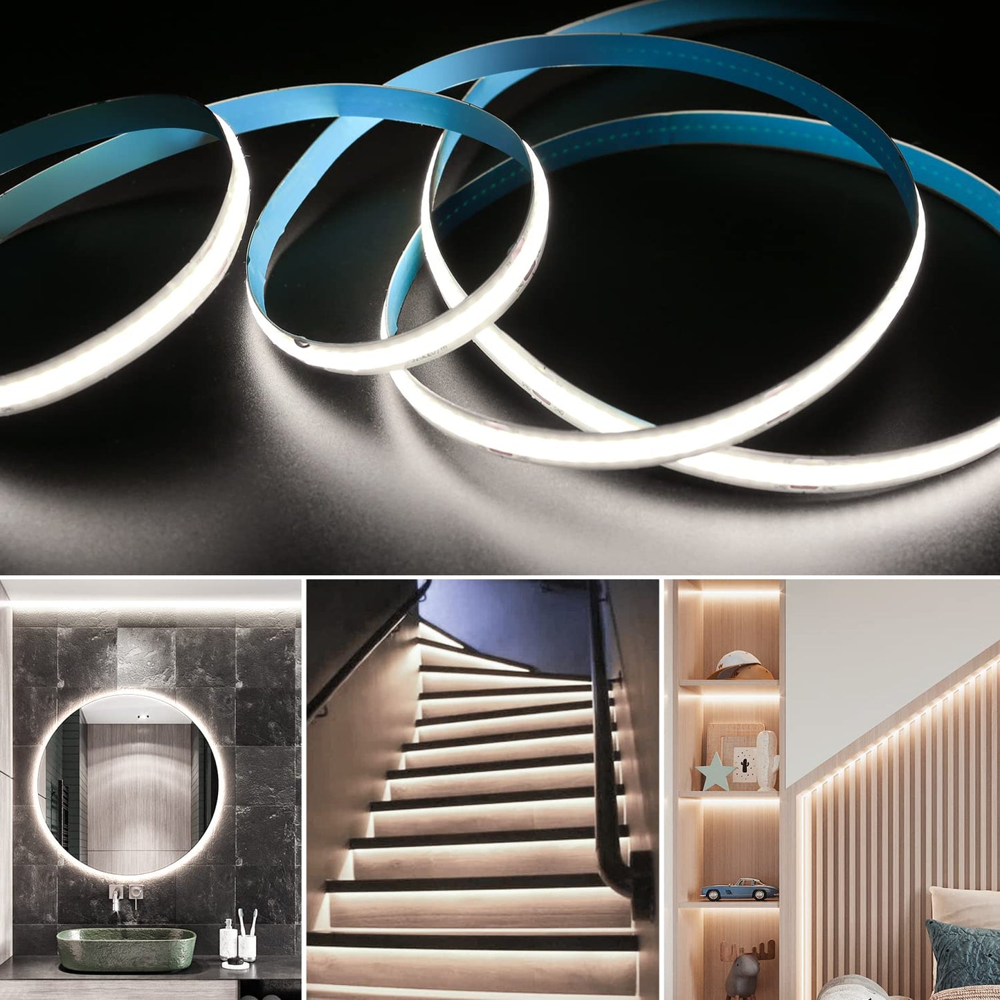 Smacen Battery Powered COB Led Strip Lights, 4.92Ft Battery Operated 6000K Cool White LED Strip Light, High Brightness Flexible LED Tape Lights for TV, Cabinet, Bedroom, Party, Home DIY Decoration