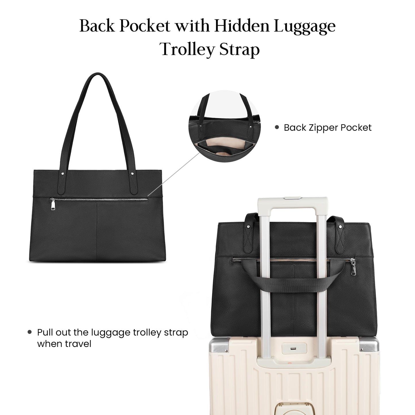 befen Black Genuine Leather Work Tote Bag for Women, Womens 15 Inch Compartment Work Totes Purse Shoulder Leather Purses Handbags