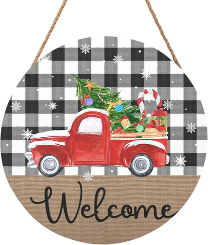 Harooni Christmas Welcome Front Door Sign for House Merry Christmas Holiday Decoration Hanging Sign Red Truck Xmas Round Wood Wreaths for Home Wall Porch Yard Garden Farmhouse Christmas Day 12"x12"