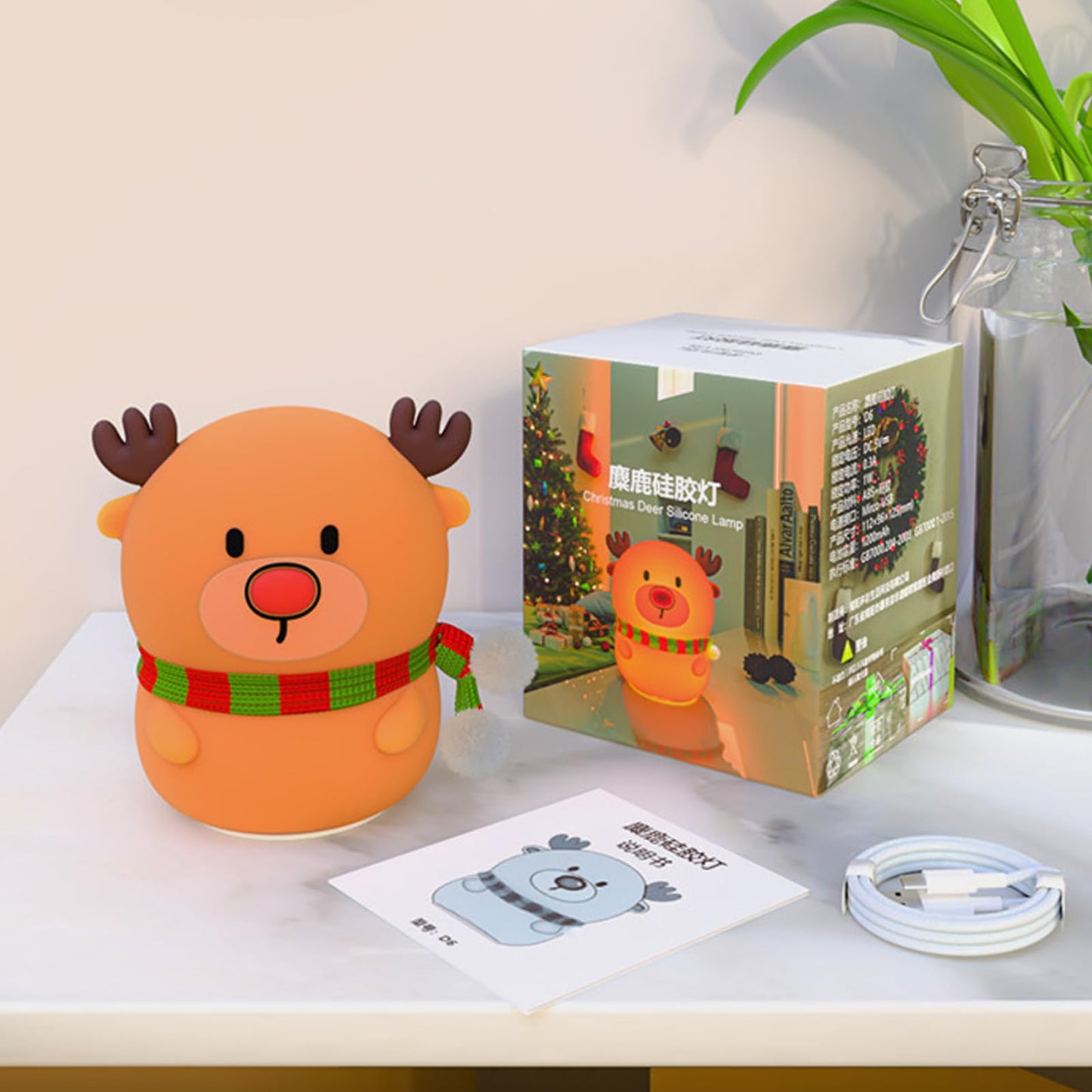 Colorful Life Silicone Reindeer Night Light – Tap Control Cute LED Bedside Lamp for Kids, Baby, Adults – Soft Glow, Rechargeable, Nursery/Bedroom(Cute Reindeer, Light up When patted)