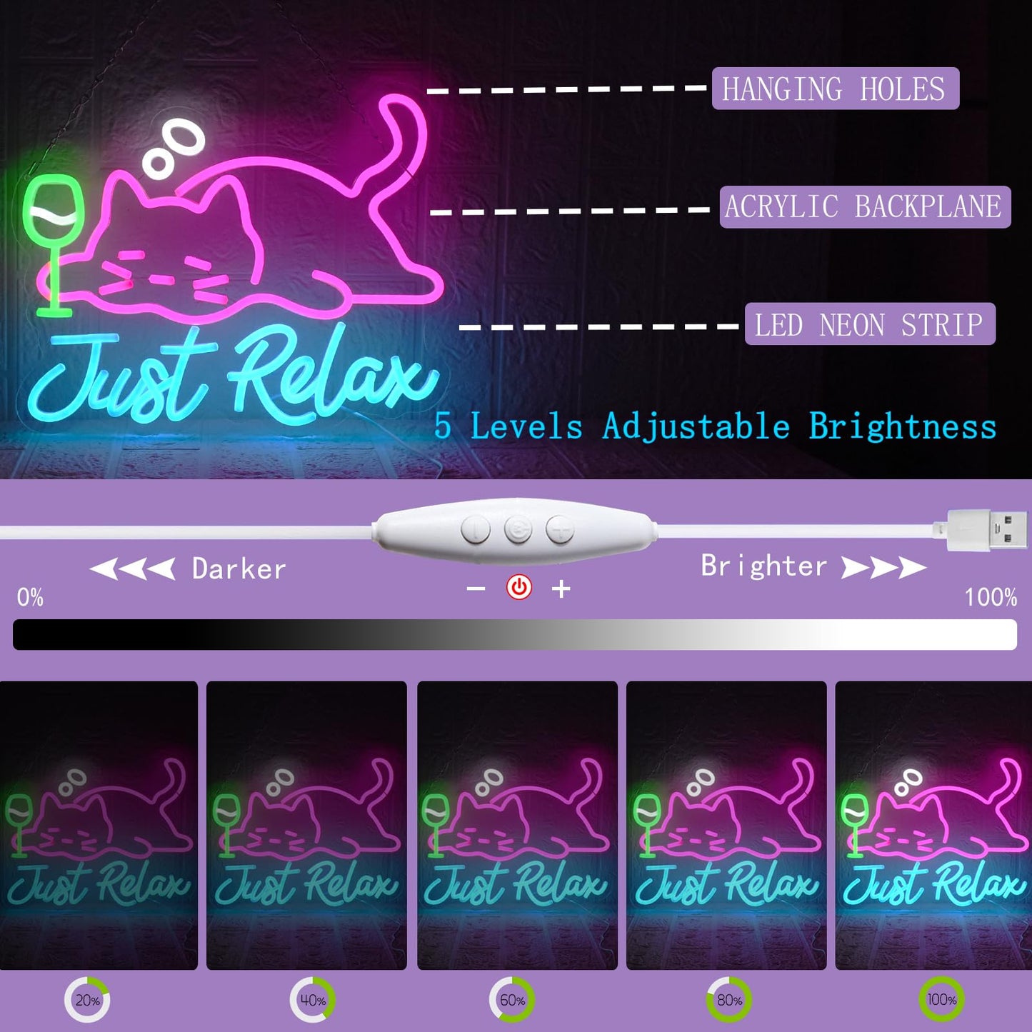 UExnkj-Y Cat Beer Neon Sign, Just Relax Neon Signs for Wall Decor, USB Dimmable Pink Cat Bar Light Up Sign for Pet Lover Bedroom Bar Birthday Party Game Room Man Cave Home Decor