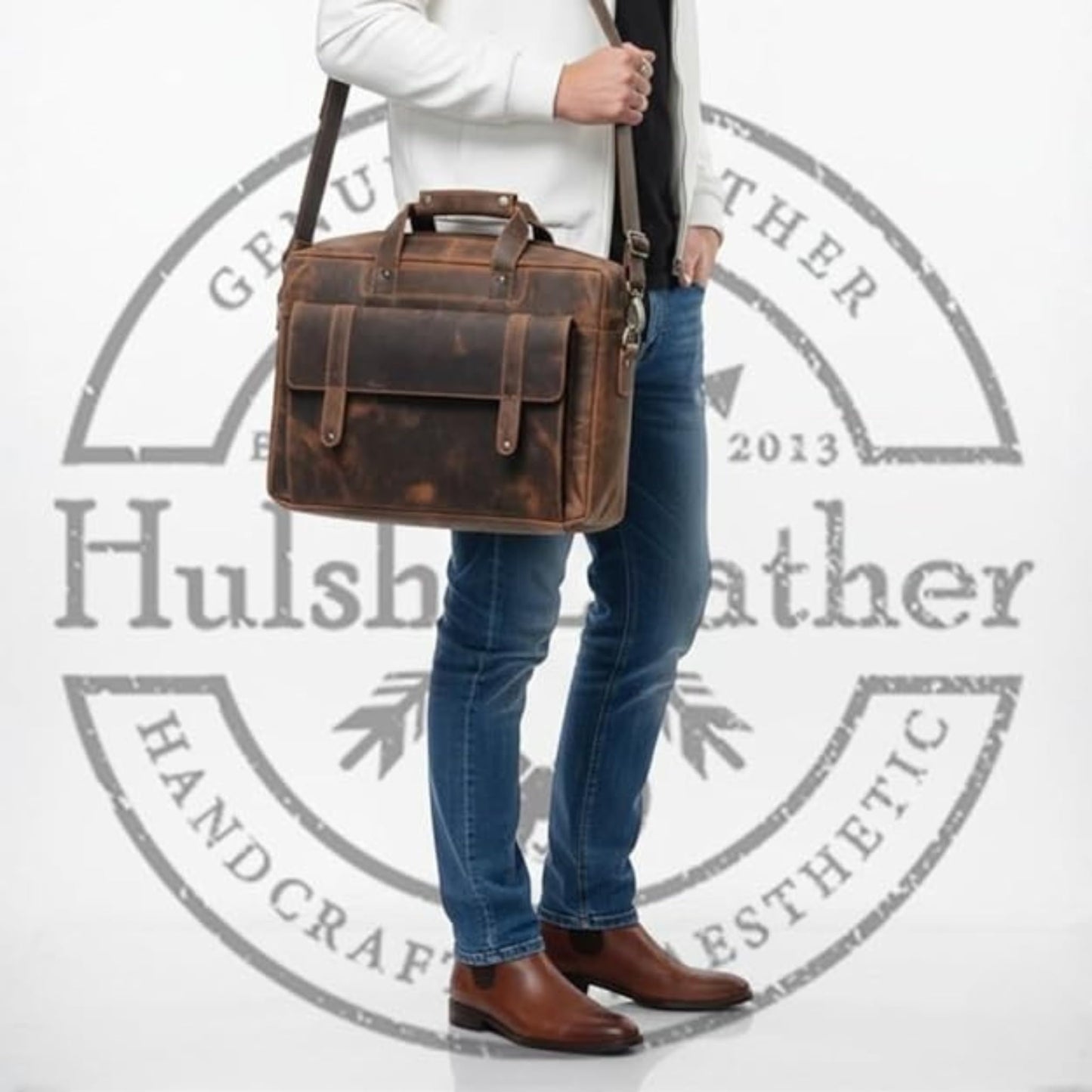 HULSH Genuine Leather briefcases for men 17 inches computer bag for mens | Laptop bag, Work bag, Business and Office Bag (Brown)