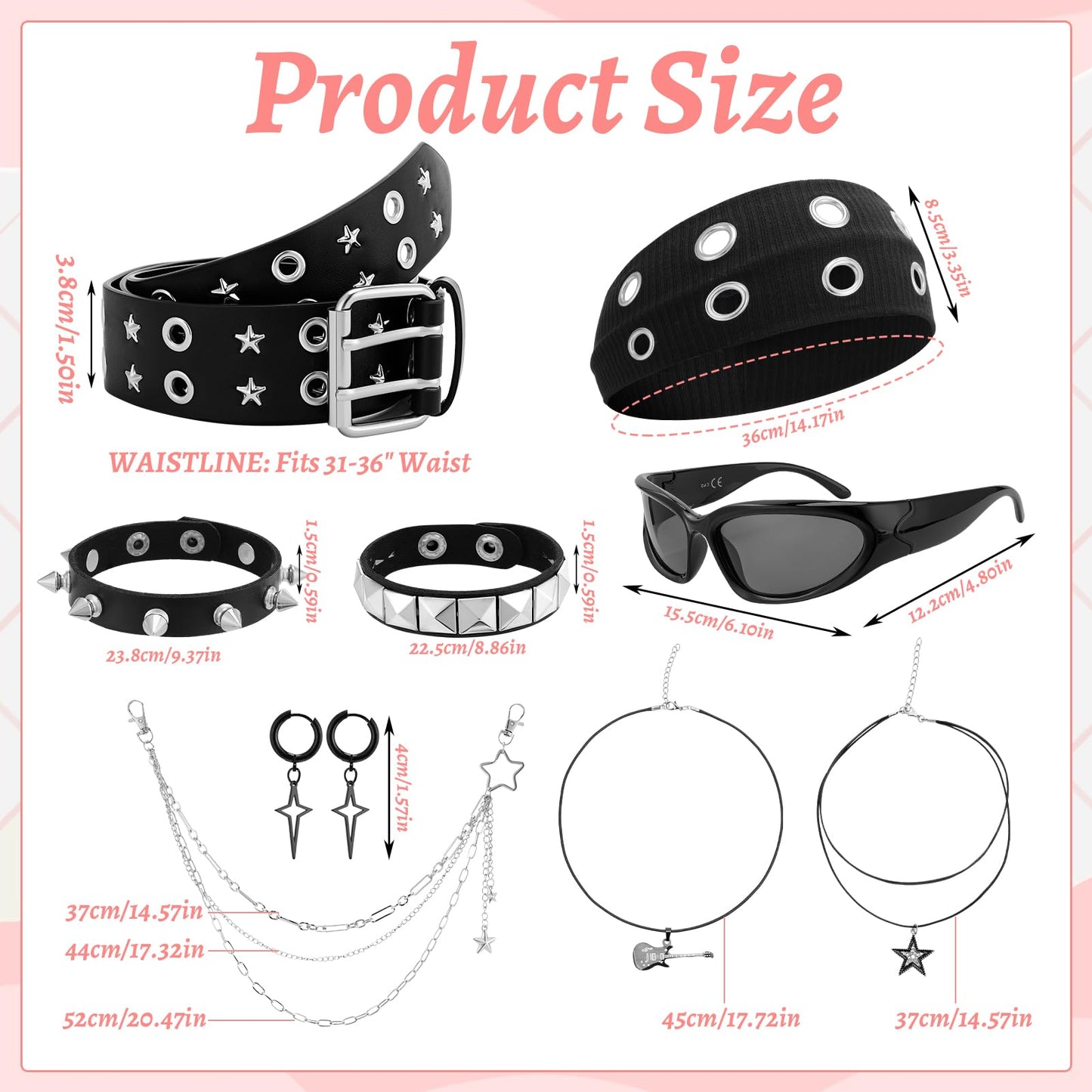 JATEBI 8 Pcs Gothic Punk Rock Accessories for Women, Y2K Accessories Set Black Studded Belt Bracelets Grommet Headband Punk Star Pants Chain Necklaces Earrings Sunglasses for Women
