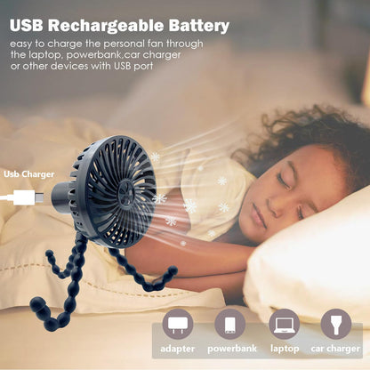 RUN HELIX Stroller Fan Portable with Flexible Tripod Battery Operated Handheld Fan Mini with 3 Speeds USB Rechargeable Baby Fan for Stroller,Car Seat,Desk - Black