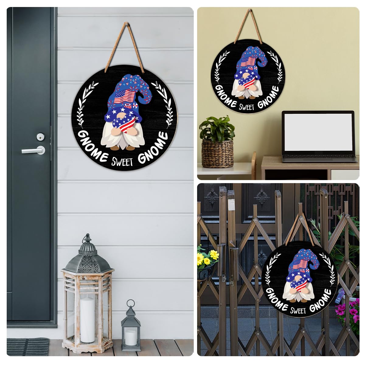 Interchangeable Gnome Welcome Sign Summer Patriotic 4th of July Door Decorations, Changeable Seasonal Front Porch Decor Wood Wreath Gnomes Gifts for Spring Fall Winter All Seasons Holiday, Black