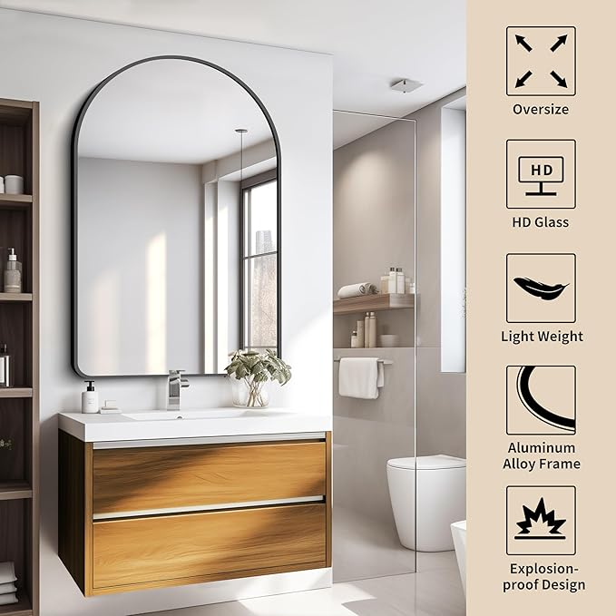 FORBATH Arched Mirror 32x48 Inch, Bathroom Mirror Wall Mounted Modern Black Aluminum Alloy Frame Decor Large Dresser, for Bedroom Living Room Entryway, Hanging or Leaning Against Wall