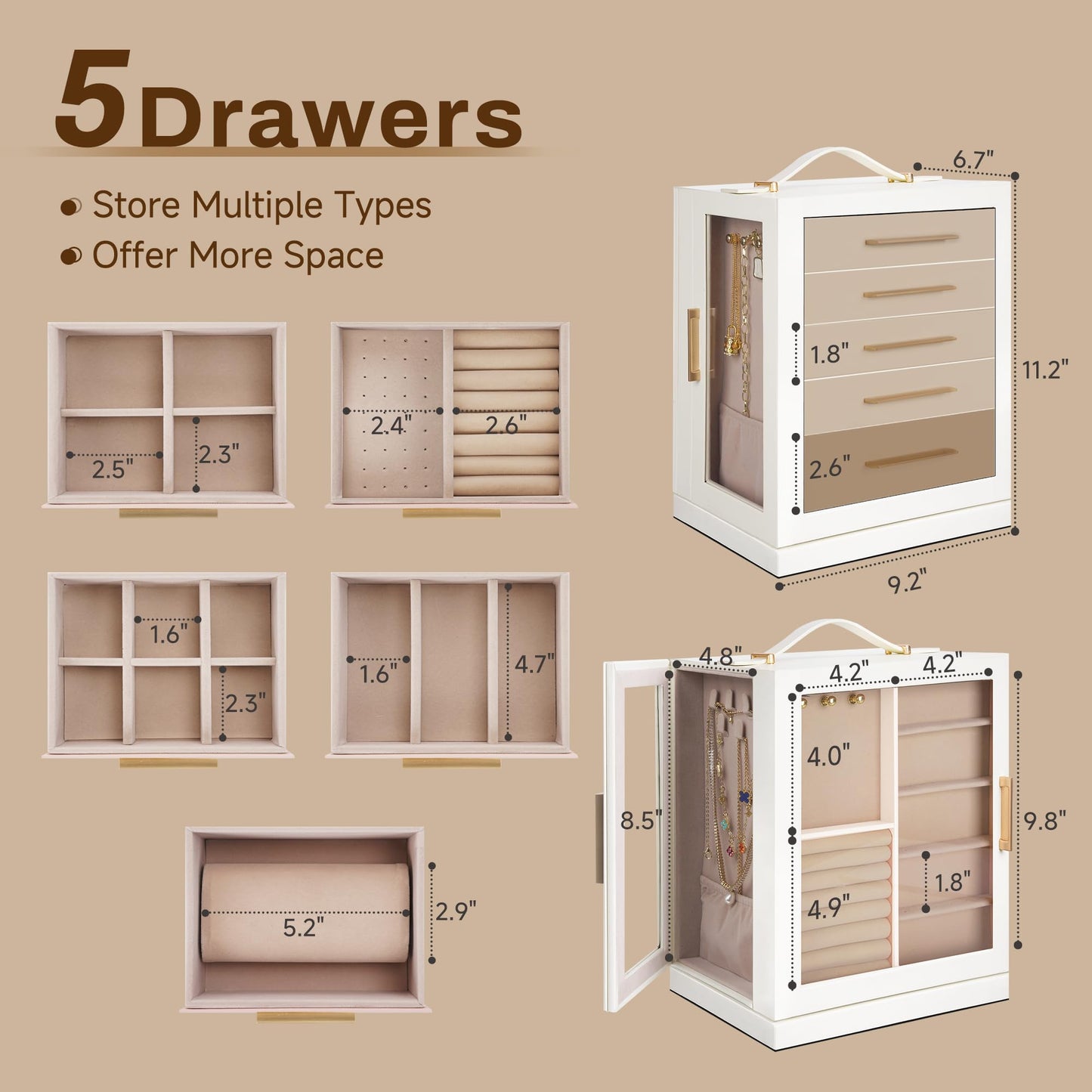 DUMIROICS 360° Rotating 5‑Drawers Jewelry Box with Top Handle & Glass Window, Spacious Vertical Jewelry Organizer, Jewelry Storage Case, Dustproof & Moisture‑resistant Design. (White)