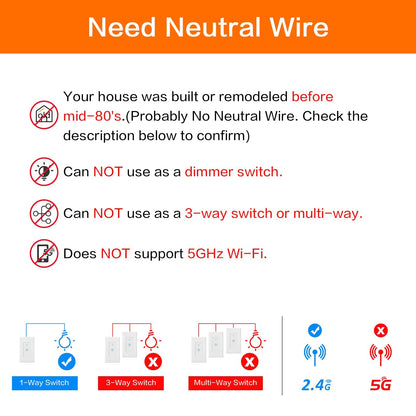 Milfra Smart Light Switch Single-Pole,Smart Switch 2024 New Model 10A,Compatible with Alexa, Siri and Assistant,Voice and Remote Control,Neutral Wire Required,No Hub Required