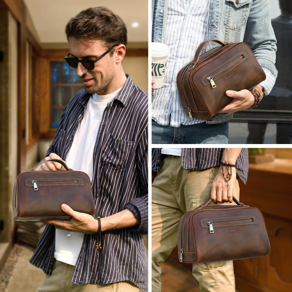 Contacts Full Grain Leather Travel Toiletry Bag for Men Wash Bag Bathroom Shaving Dopp Kit Toiletries Organizer Vintage Cosmetic Bag