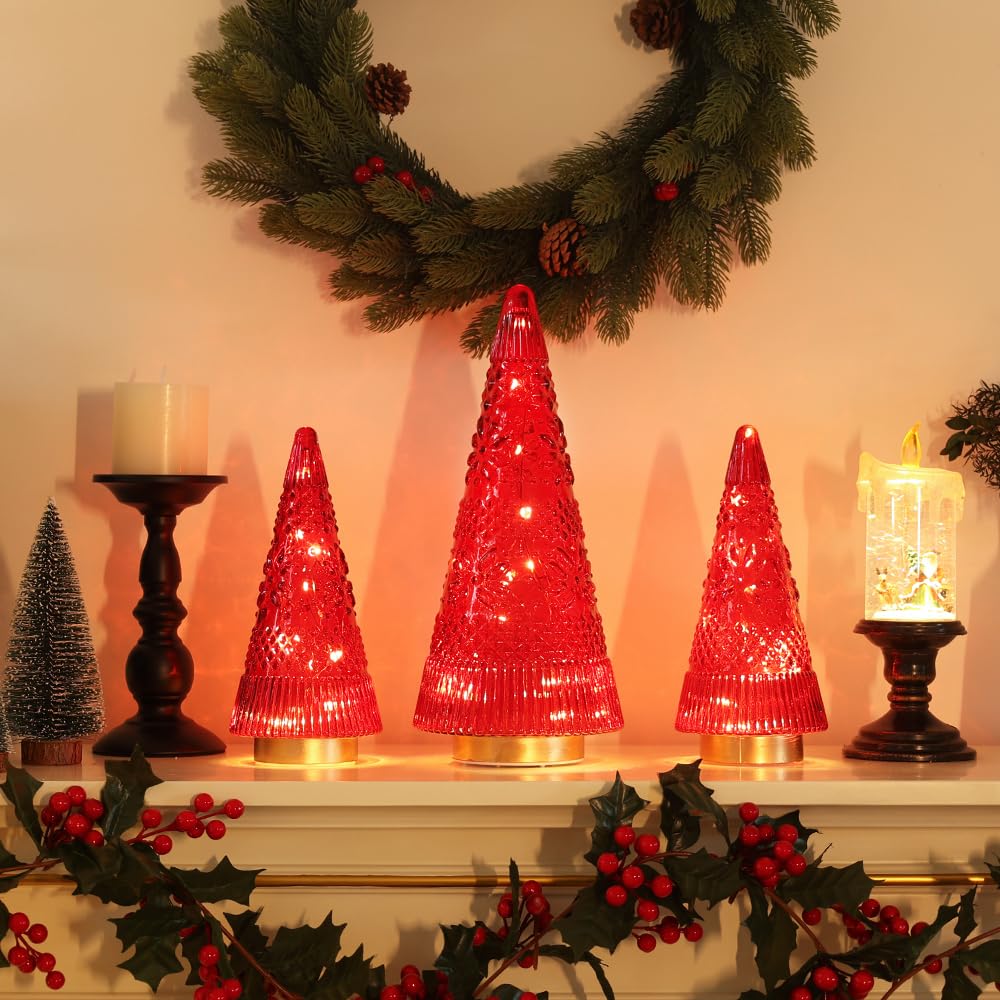 PHITRIC Christmas Decorations Indoor, 3 PCS Sparkling Glass Red Christmas Tree Table Centerpieces Decor with LED Lights and Timer, Xmas Tree Decorations for Home, Mantel, Shelf, Office, Tabletop