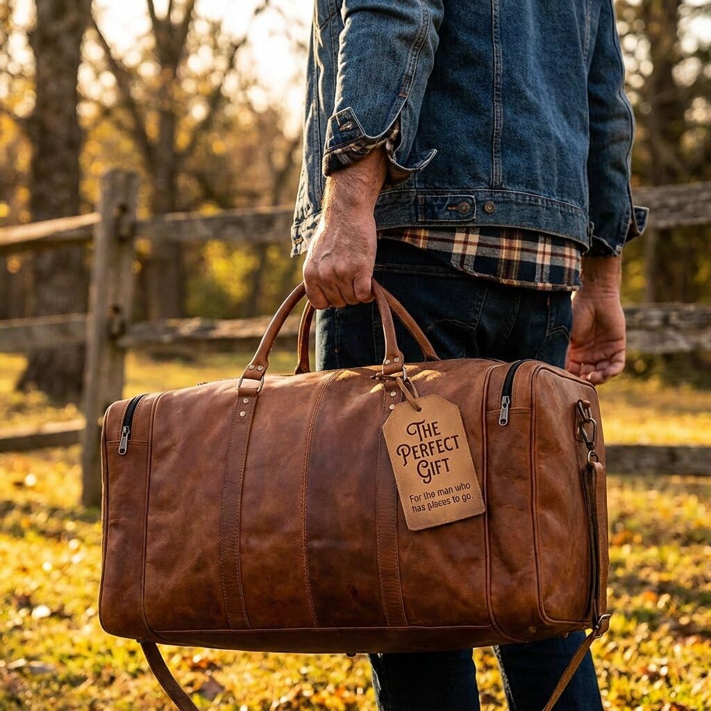 Leather Duffle Bag for Men Luggage Handmade Travel Bag Carry On Luggage Weekender Bags Overnight Gym Sports Cabin Holdall Bag For Airplanes Men And Women (34 Inch Brown)