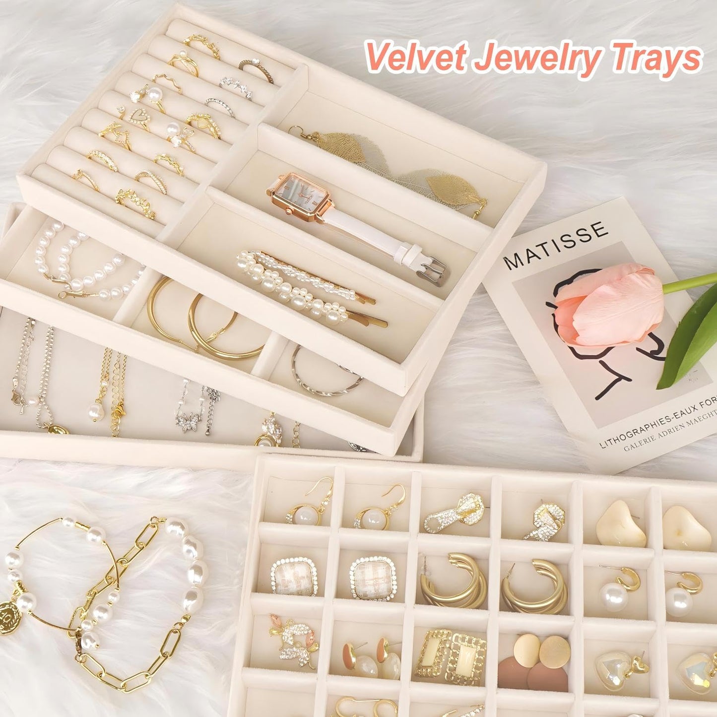 Cirhy Velvet Jewelry Drawer Organizer Trays – Stackable Jewelry Trays for Drawers, Set of 4 Jewelry Organizer for Drawer Inserts, Display Storage Box for Earrings, Rings, Necklaces, Bracelets