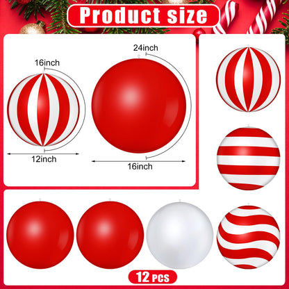Jetec 12 Pcs 24 Inch 16 Inch Giant Inflatable Christmas Balls Ornaments Large PVC Inflatable Ball Decorations for Xmas Tree Holiday Yard Lawn Porch Outdoor(Red, White,Classic Candy Cane)