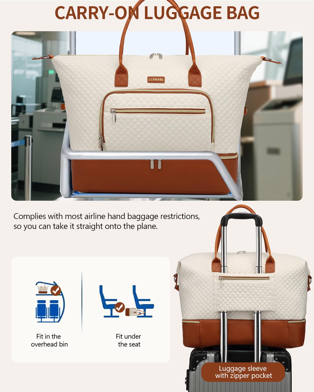 CLOKARS Weekender Bags for Women, Travel Tote Duffle Bag Carry On Overnight Bag with Cosmetics Bag and Crossbody Purse for Gym Hospital, Gifts for Women, Beige Brown