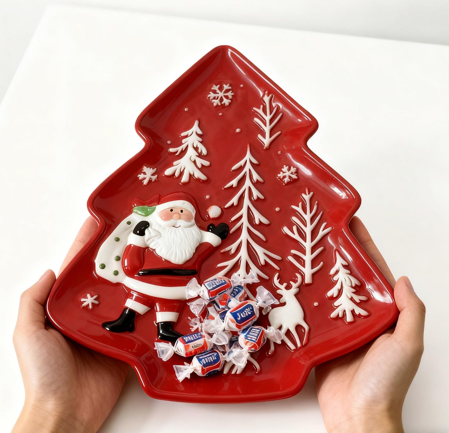 Loticy 10.3 Inches Christmas Tree Plates Chip & Dip Set, Red Xmas Ceramic Snack Plate, Santa Claus High Relief Porcelain Appetizer Dessert Fruit Salad Saucers Bowls, Cutlery Platter Serving Dishes