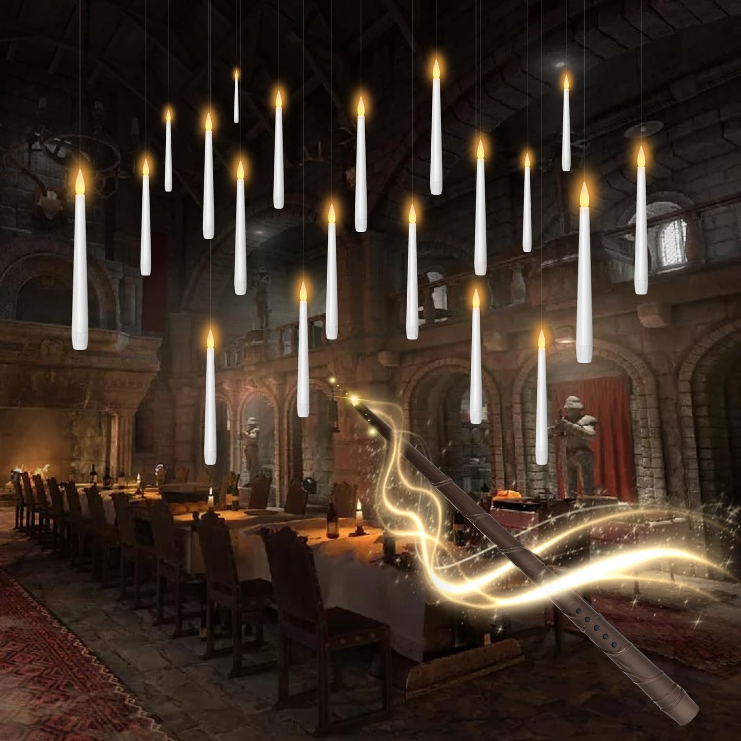 kakoya Flameless Floating Candles with Wand，20 Pcs Magic LED Hanging Taper Candles，Flickering Battery Operated Taper Candle with Wand Remote for Halloween Decorations Best Gift（White）
