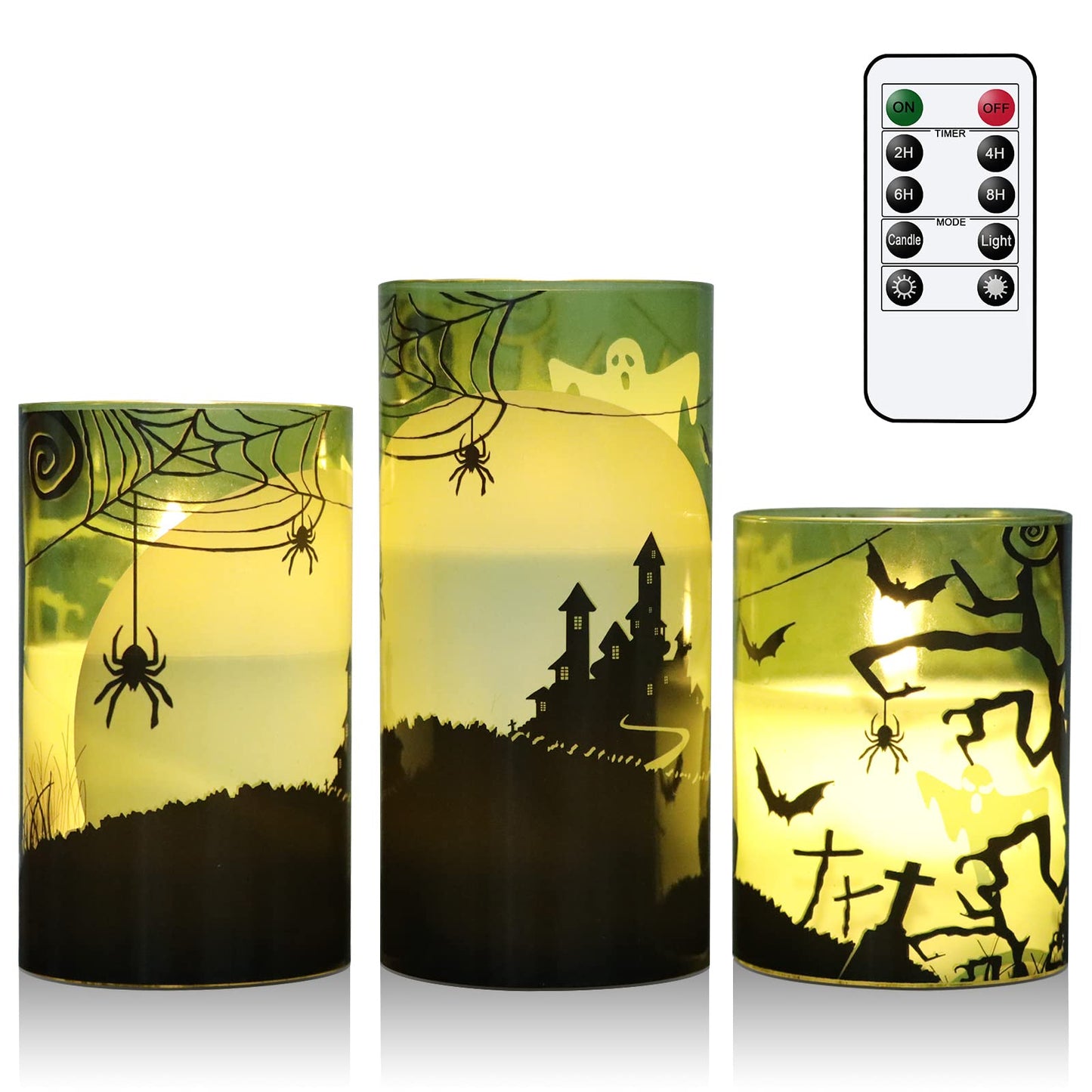 Eldnacele Halloween Flameless Candles with Remote Spider Web, Ghost, Castle Decals Battery Operated Real Wax Flickering Glass Pillar Candle for Spooky Holiday Decor 3 Pack