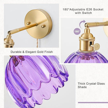 Plug in Wall Sconces Set of 2, Vintage Wall Sconce Light with Tulip Purple Glass Lampshade, 180° Adjustable Wall Sconce with Switch and Plug in wall lamp Cord, Gold Wall Light Wall Decor Set of 2