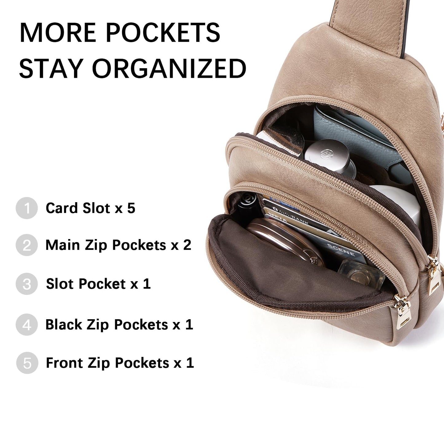 BOSTANTEN Small Sling Bag for Women Leather Crossbody Bags Fanny Pack Chest Bag for Travel, Light Brown