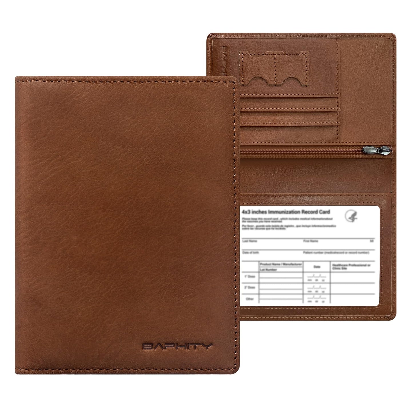 BAPHITY Genuine Leather RFID Blocking Passport Holder Wallet with Zipper Hidden Pocket,Luxury Cover for Men Women,Ideal Gift-red-brown