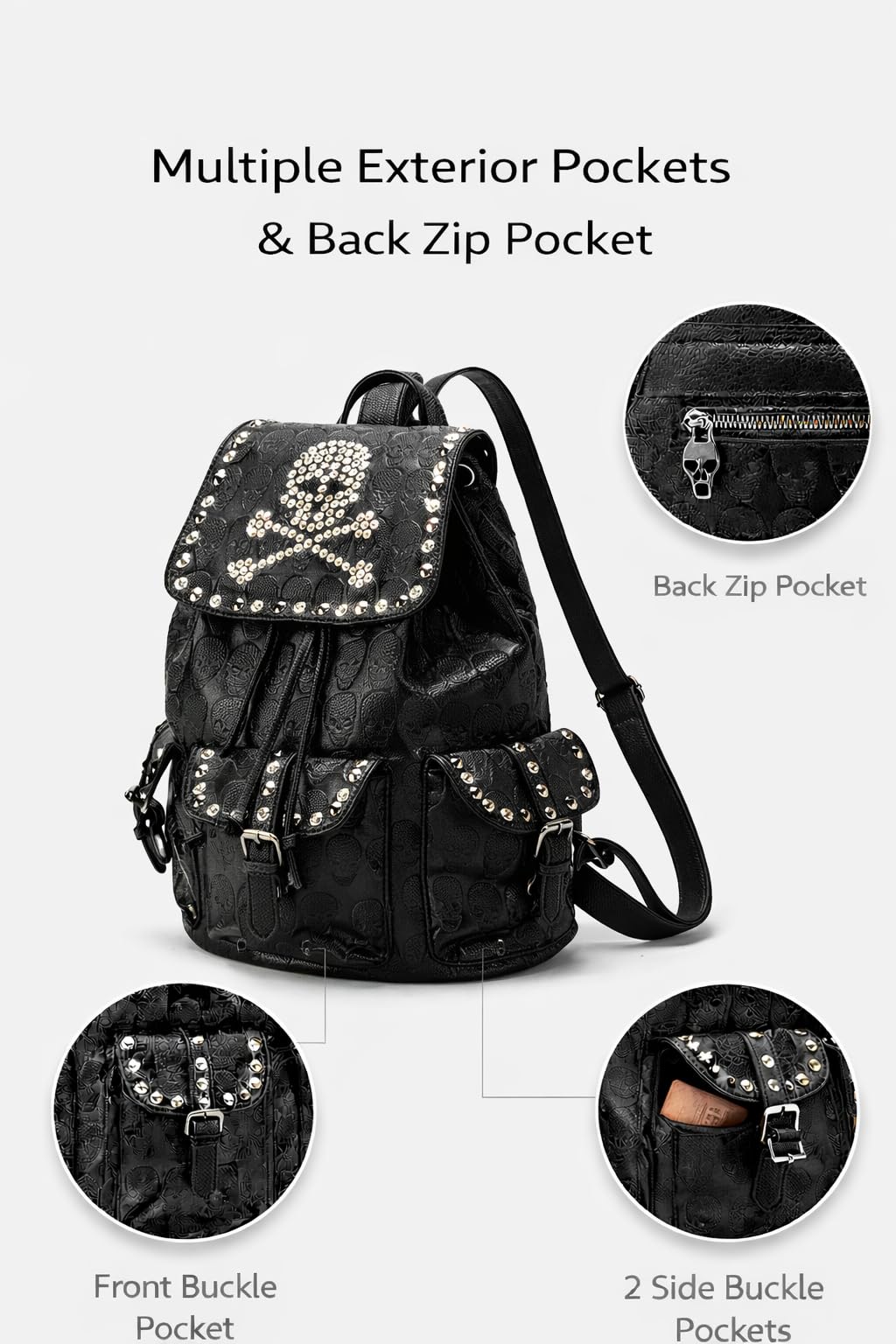 SandraWang ‌Gothic Skull Studded Backpack for Women & Men, Structured PU Leather Punk Bookbag with Drawstring Flap, A4 & Tablet Friendly Alternative Fashion Design