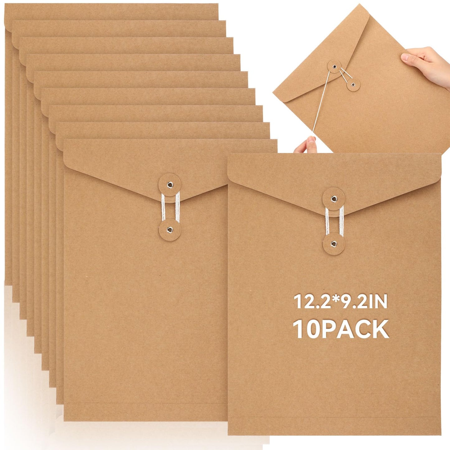 Feifeiya 10 Pack Kraft String Envelope File Folder Brown A4 Letter Size Brown Paper Folders 12.2 x 9.2 Inch Project Pockets File Jacket Document Organizer with String Button Closure(Vertical)