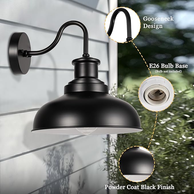 Outdoor Gooseneck Barn Light Outdoor Wall Sconce Farmhouse Exterior Wall Mount Light Vintage Outside Lighting Fixture Industrial Black White Lantern for Porch, Entryway, Garage, 1 Pack