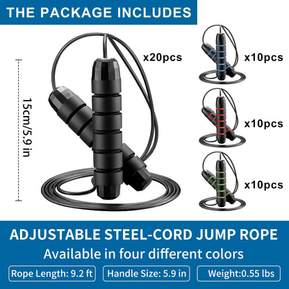 Bulk 50 Pack Jump Ropes, Steel Cable with Ball Bearings for Tangle-Free Rapid Speed Jumping, Adjustable Skipping Rope with Comfortable Foam Handles for Gym, Fitness Class, Home Workout