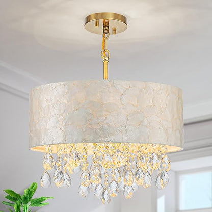 4-Lights Drum Capiz Shell Crystal Chandeliers, Coastal Style Pendant Light Fixture for Dining Room, Living Room, D16 x 20~67"(Adjustable), Shell Lampshade & Gold Finish